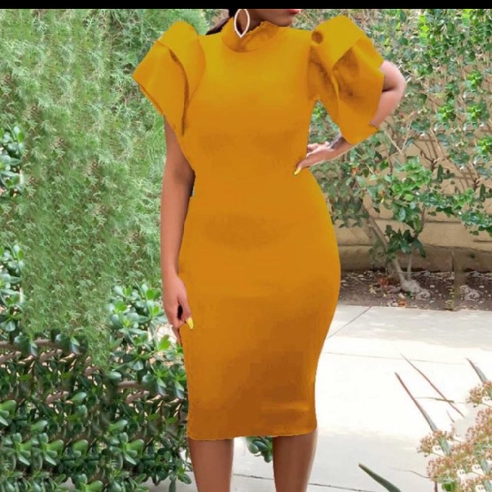 Mustard Yellow Flutter Ruffle Sleeve Scuba Neoprene Midi Dress, US S